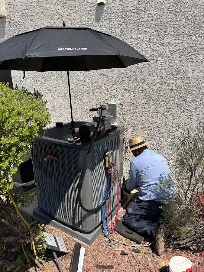 HVAC technician performing outdoor AC maintenance in Lincolnia